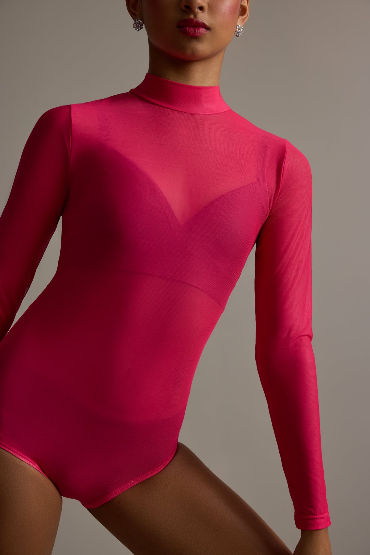 Mesh Mock Neck Long Sleeve Leotard